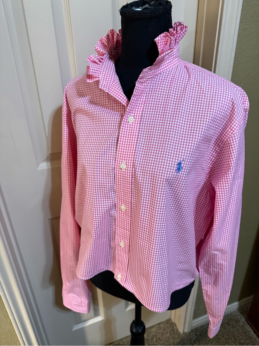 Upcycled Ralph Lauren Pink Gingham Ruffle Collar Button-Down Shirt